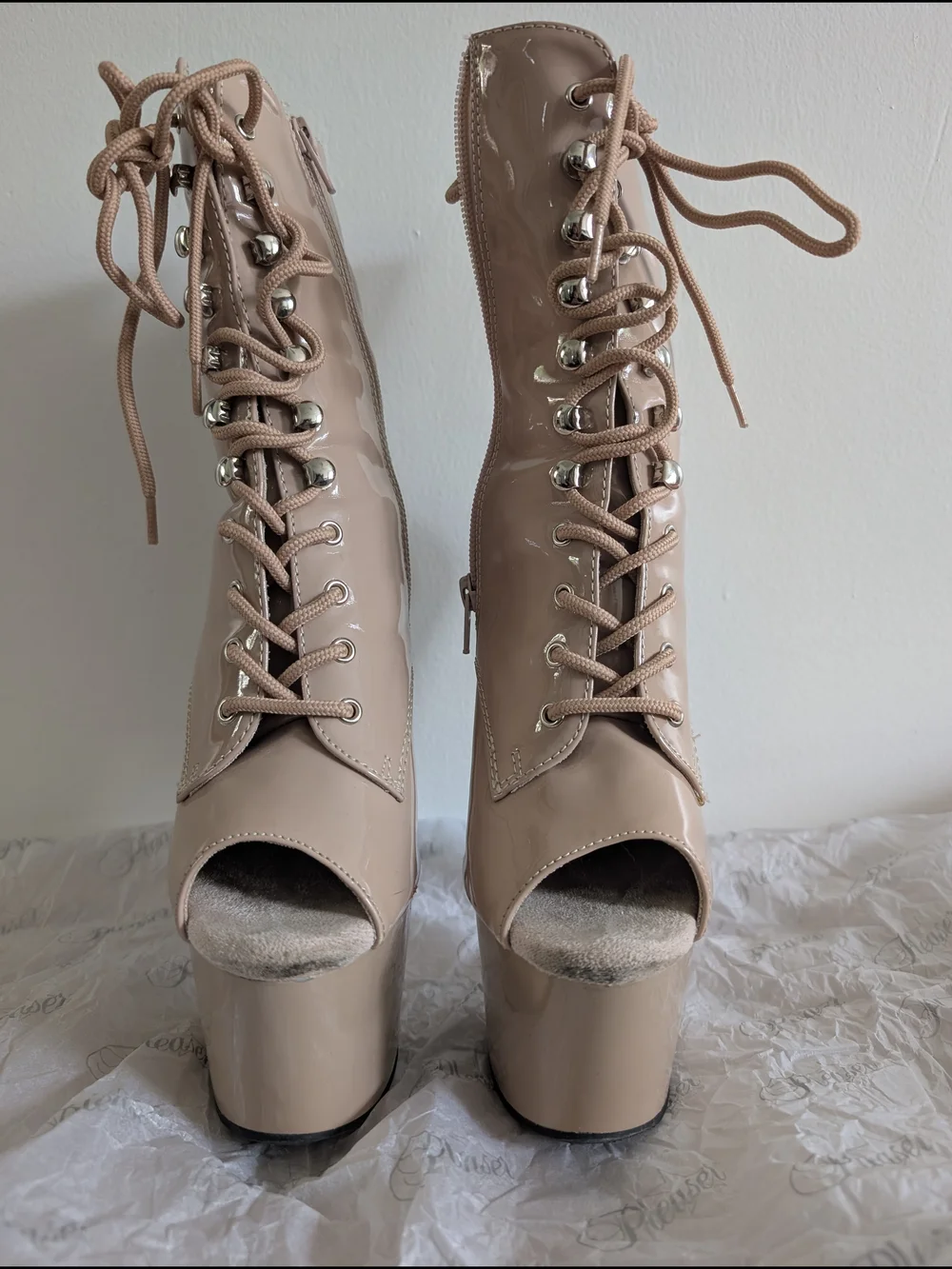 Adore Nude Patent Lace-Up Peep-Toe Platform Boots